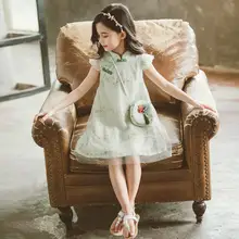 Летнее платье в китайском этническом винтажном стиле с воротником-стойкой для детей от 4 до 12 лет Детское кружевное платье Ципао в винтажном стиле для девочек