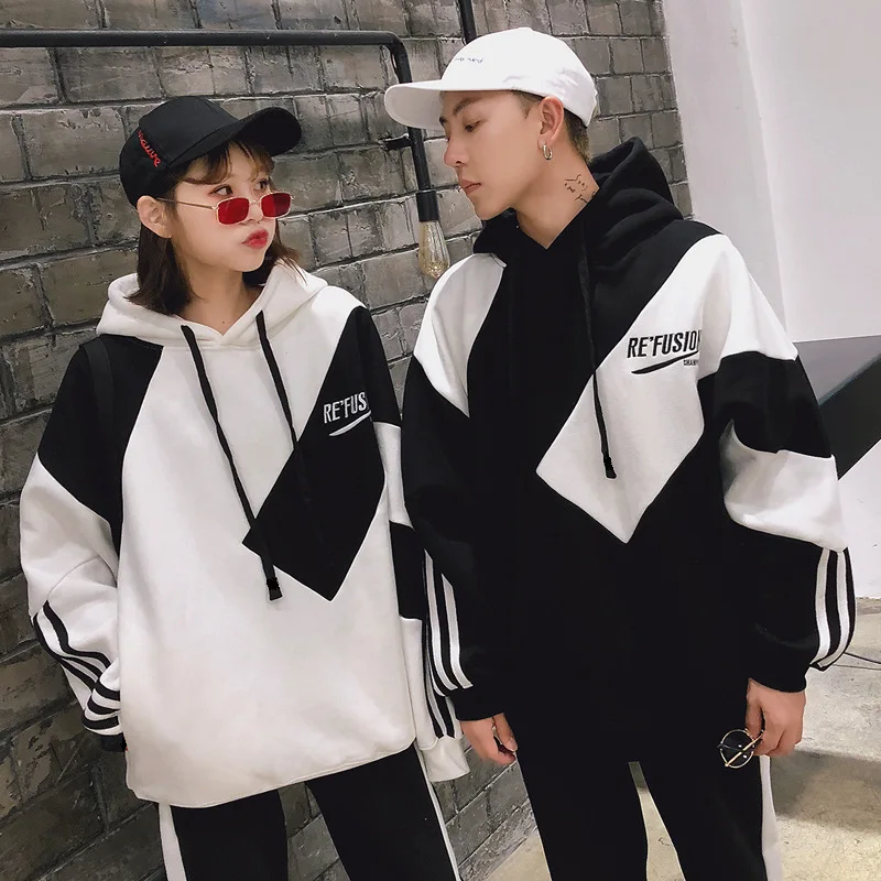 wallpapers Oversized Hoodie Outfit Mens korean couple matching clothes college school lovers women men loose oversize hoodie dress patchwork sweatshirt outfit wear set