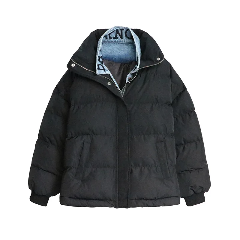 Koop 2018 Vrouwen Winter Jas Stand Kraag Denim Patchwork Nep Twee Stukken Lange Mouwen Vrouwen Dikke Jas Jas Casaco Feminino