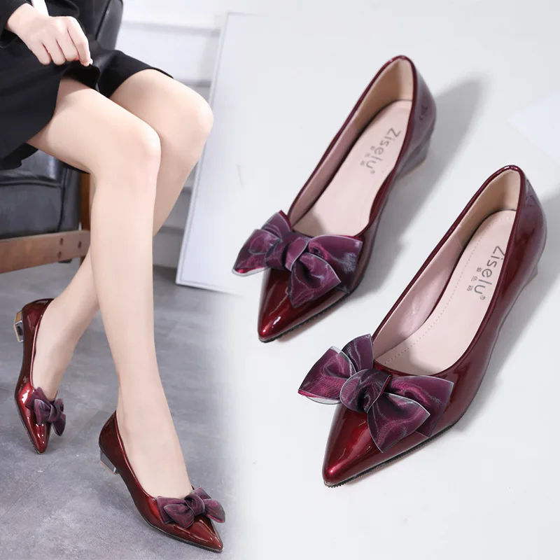 

Woman Shoes Low Heels Pumps Bow Knot Pointed Toe Sandals Patent Leather Shallow Loafers Fashion Slip on Slides Black Wine Red