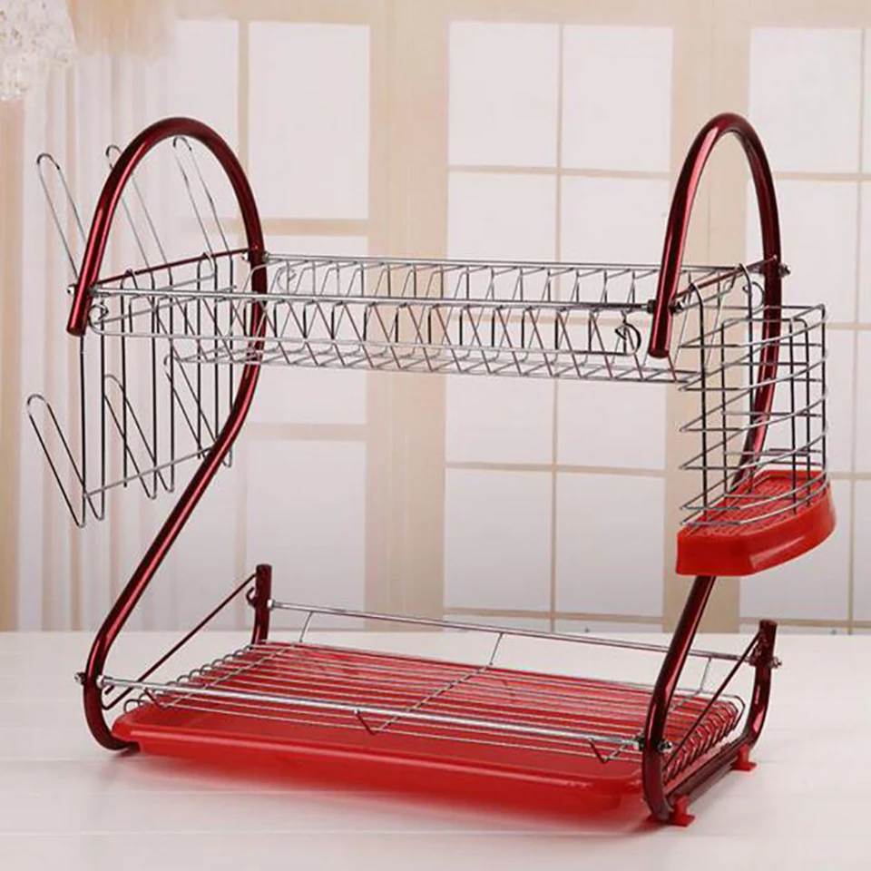 

S-Shaped Dish Rack Set 2-Tier Chrome Drain Bowl Rack Storage Rack Stainless Steel Plate Dish Cutlery Cup Rack With Tray