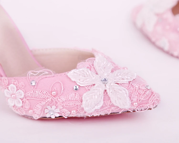 10_2017 Spring Blue Lace Flower Bridal Shoe White Pearl Diamond Rhinestone Wedding Shoes Pointed High Heel Sandals For Ladies