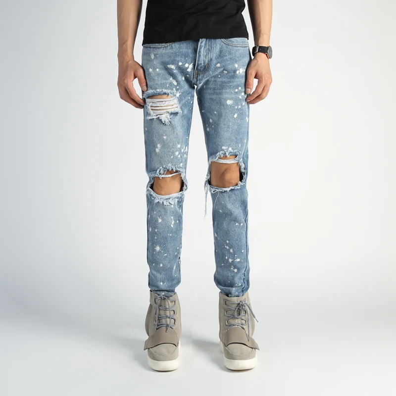 

2017ss New Men's Jeans Spring and Autumn Wash The Cat To Be Large Damage To The Inside Zipper Paint Jeans