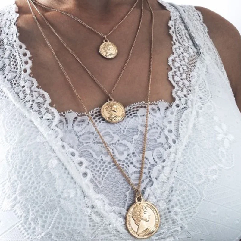 

Bohemian Jewelry Fashion New Style Human Head Coin Pendant Multi-layer Choker Chain Necklace