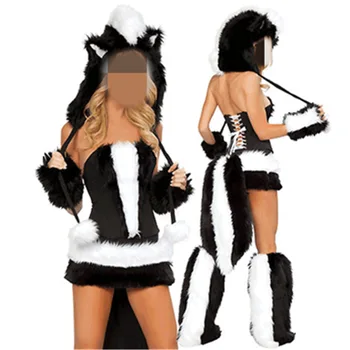 

Luxurious Adult Black White Faux Fur Furry Costumes Sexy Halloween Costumes Sexy Cosplay Animals Costumes for Women