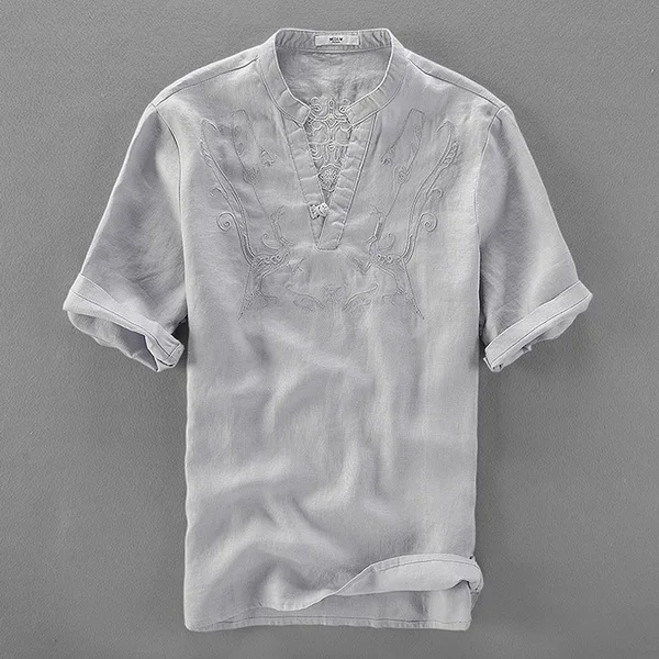 Embroidered linen shirts men short sleeve shirt mens casual stand collar shirts male solid one