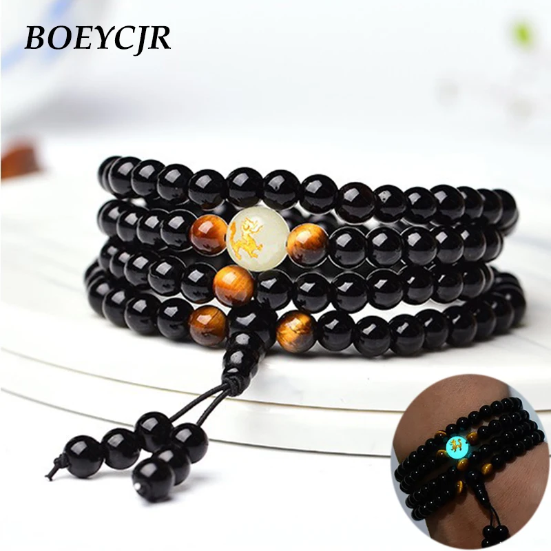 BOEYCJR Dragon Black Buddha Mala Beads Bangles&Bracelets Handmade Jewelry Ethnic Glow in the Dark Bracelet for Women or Men