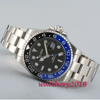 

Full Stainless steel 43mm Bliger black dial Black & blue ceramic bezel sapphire glass GMT automatic movement Men's watch