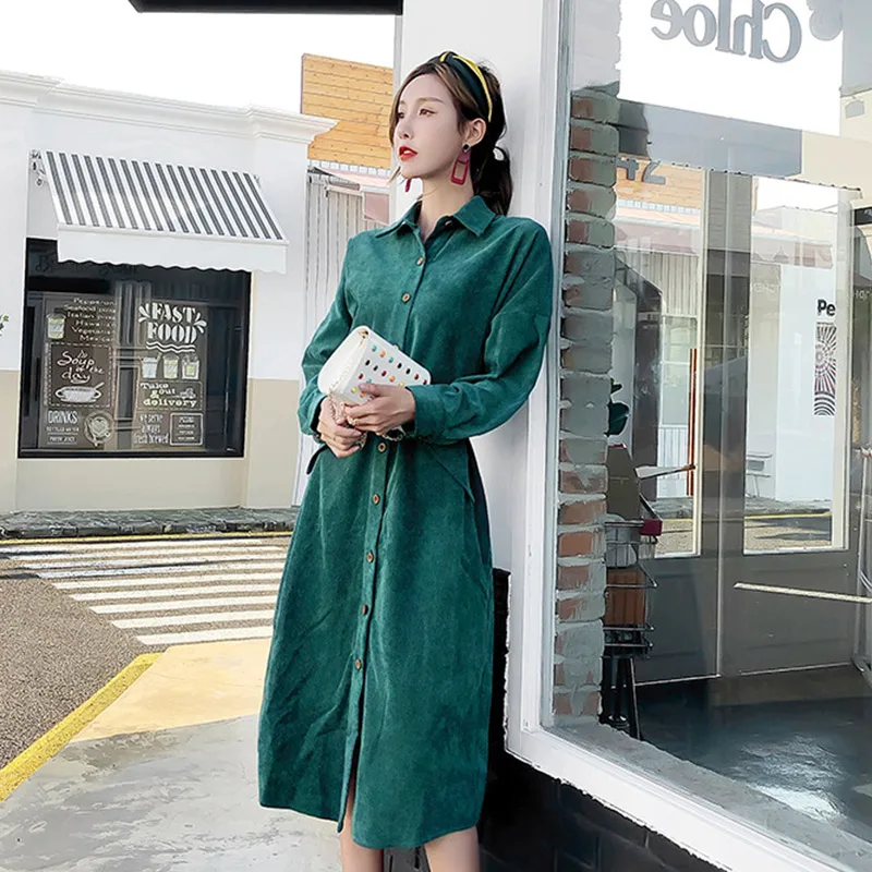 

Autumn Corduroy Vintage Long Women's Coat Green Belt Office Lady Coats Female Single Breasted Elegant Overcoat 2018 Women Dress