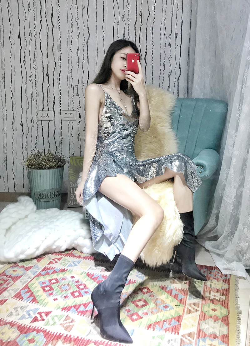 Cakucool роскошные серебряные блестки спагетти ремень платье длинное асимметричное сексуальное Vestido v-образным вырезом Спинки Миди узкое вечернее праздничное платье