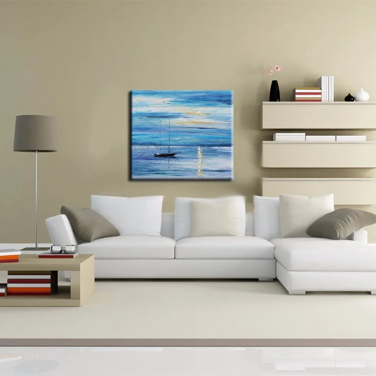 ust tedarikcisi toptan soyut deniz manzarasi yagliboya tuval el boyali mavi deniz ve gokyuzu ile tekne yagliboya tuval uzerinde