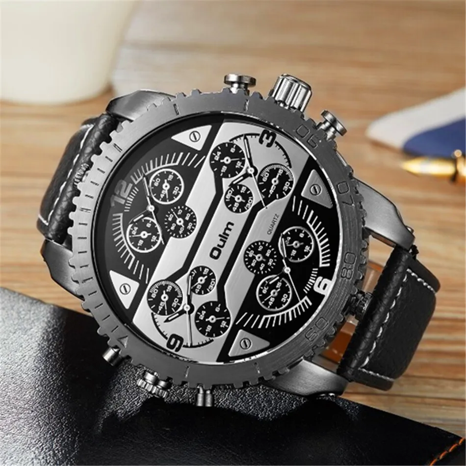 

OULM 3233 Cool Big Face 4 Tome Zone Watches Men Fashion Design Leather Band Casual Quartz Watch Relogio Masculino Marca Grande
