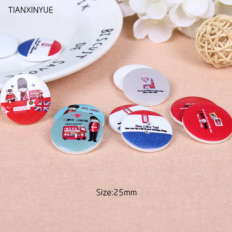 

TIANXINYUE 25mm England wooden buttons two holes Round Wooden Button Nautical Design Scrapbooking DIY Sewing Accessories