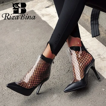 

RIZABINA Real Leather Women Ankle Boots Sexy High Heel Summer Shoes Women Zipper Fashion Patchwork Party Footwear Size 33-41