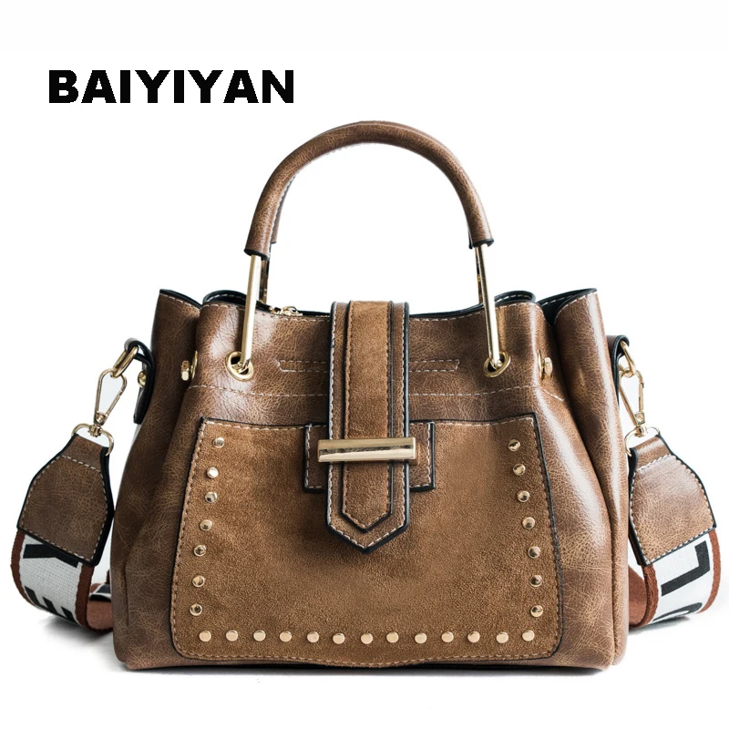 

2019 New Women's Vintage Tote Bag High Quality Brand PU Leather Handbag Retro Rivet Larger Messenger Bag Ladies Shoulder Bag
