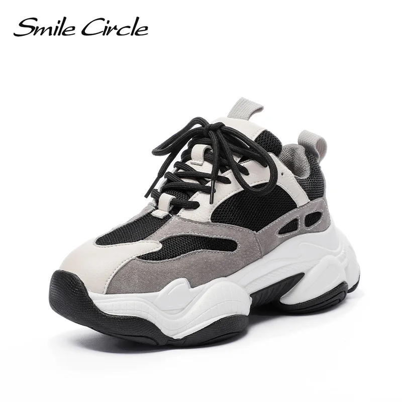 

Smile Circle Women Chunky Sneaker Genuine Leather Thick bottom Flat Platform Shoes Breathable Women spring Sneaker