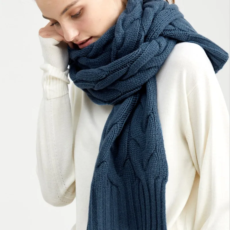 Чистый шерстяной шарф для женщин роскошный зимний плотный вязаный шарф шали для женщин теплый однотонный шарф шерстяная накидка для фуляра - Цвет: Синий