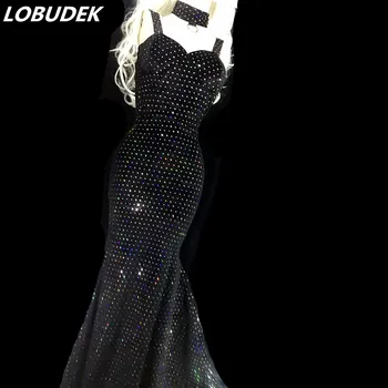 

Women Black Crystals Strap Fishtail Dress Sexy Birthday Celebration Long Dress Prom Evening Performance One Piece Singer Costume