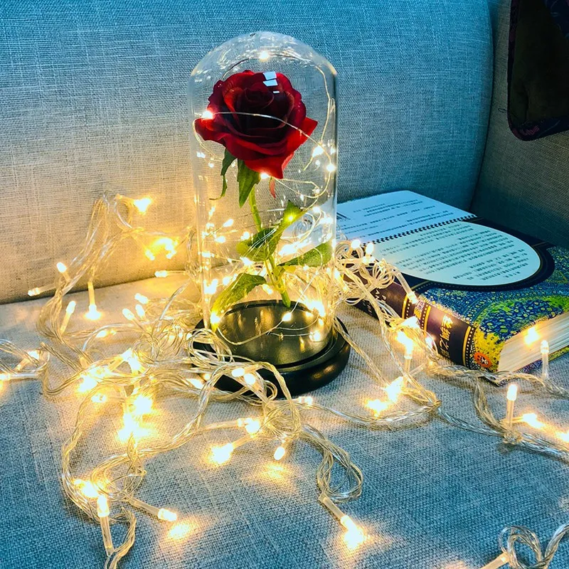 Красавица и Чудовище вечный цветок Роза со светодиодной свадебное украшение искусственное цветы в стеклянной обложке для подарков на день