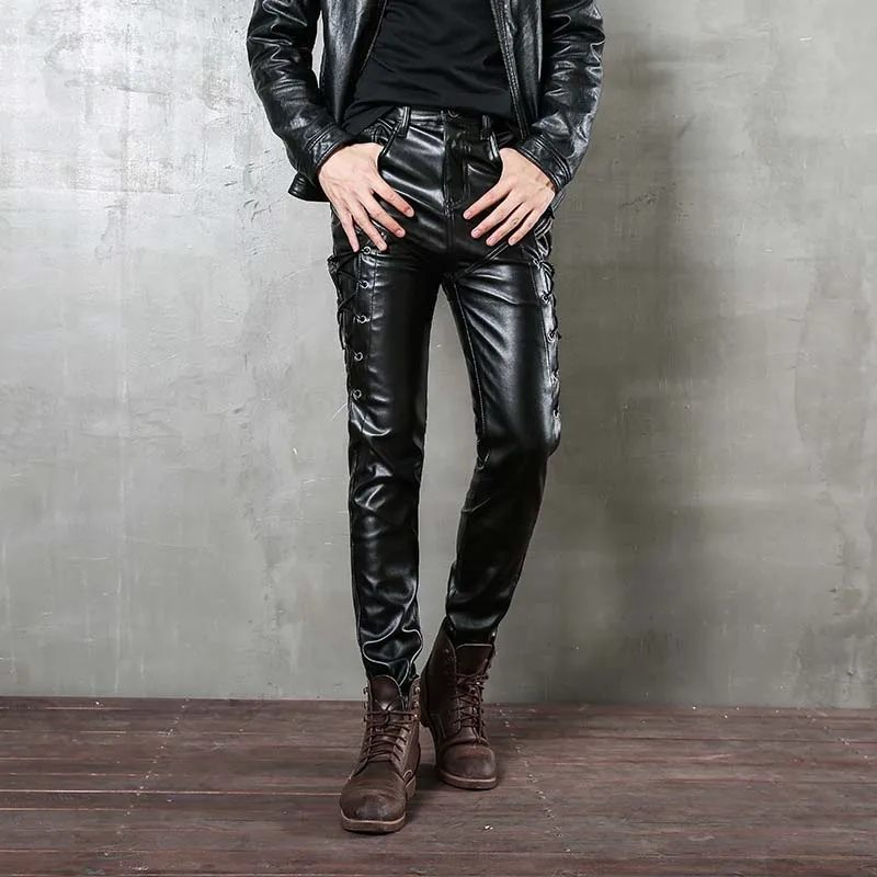 New Fashion Personality 2018 Men Pu Faux Leather Skinny Pants Motorcycles Appliqued Leather Trousers For Male Size 29-36 (1)