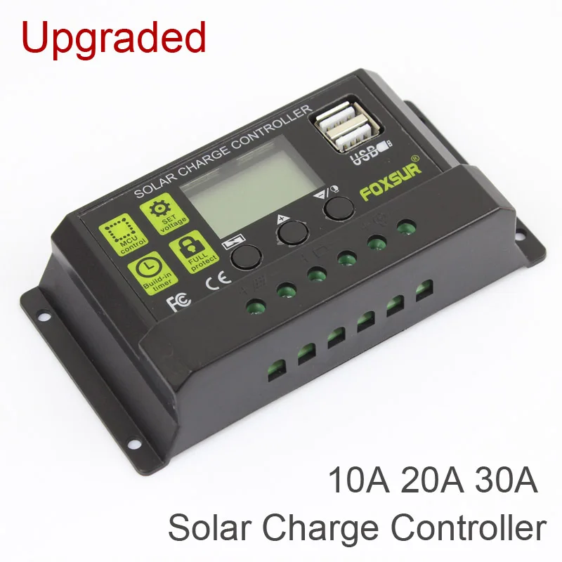 Контроллер заряда солнечной батареи FOXSUR 30A 20A 10A с ЖК-дисплеем ШИМ DC 5V USB 12V 24V
