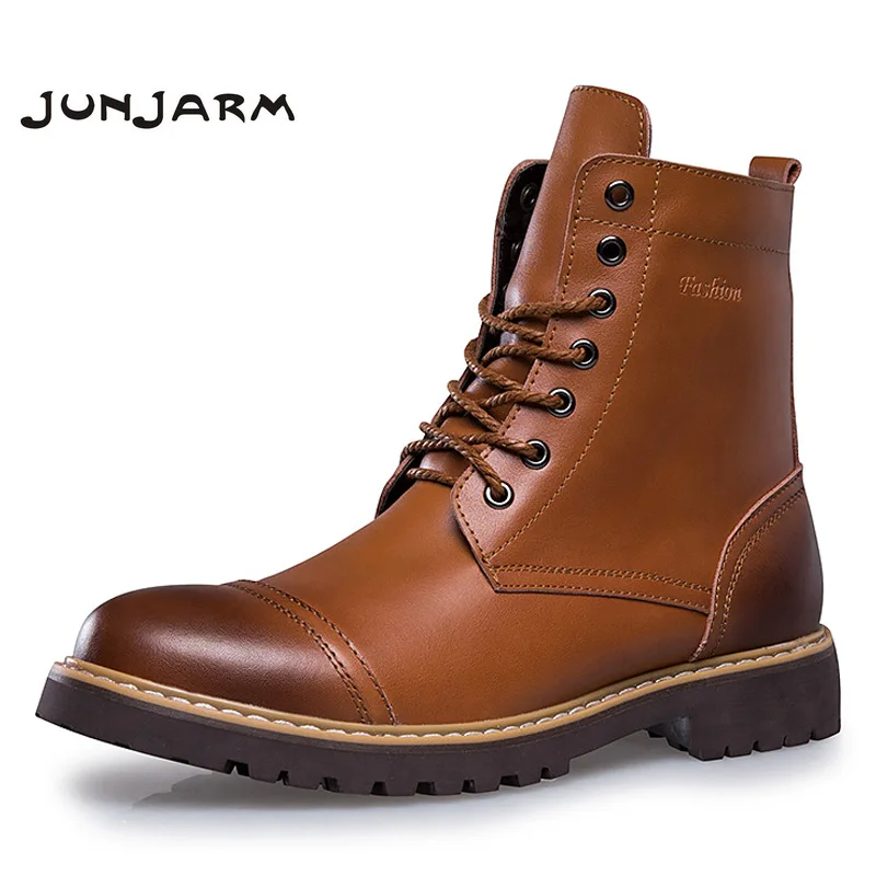 

JUNJARM 2018 Men Martin Boots Genuine Leather Men Motorcycle Boots Fashion Men Leather Boots High Quality Warm Men Winter Boots