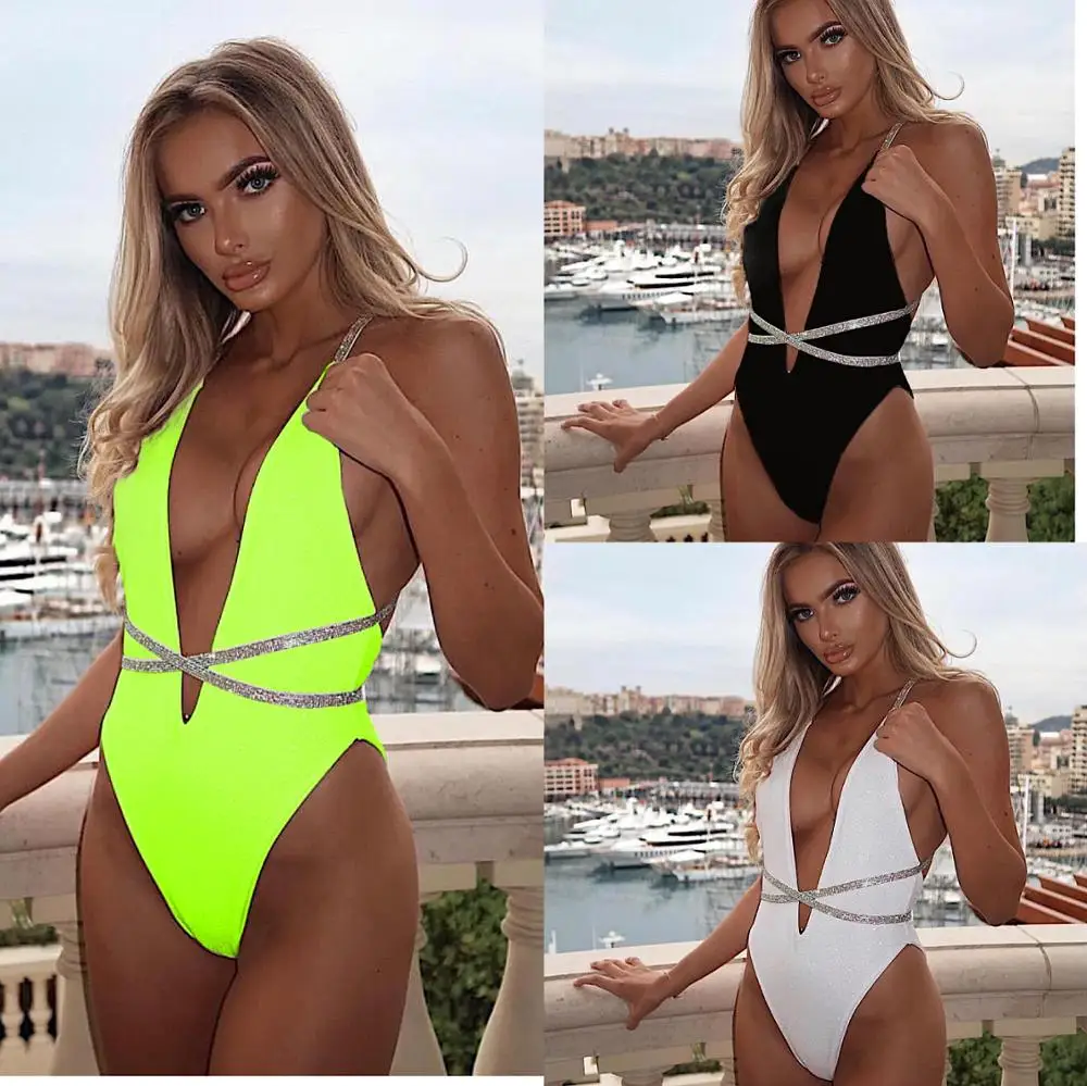 

Women's Sexy One Piece Deep V Solid Color Halter Bikini Bathing Suitd