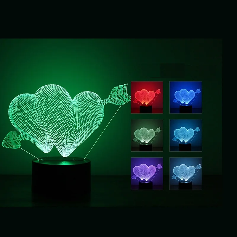 

3D Illusion LED Bulbing Night Light Double Heart Romantic Lighting Atmosphere Table Lamp Home Decor for Bedroom Gift for Lovers