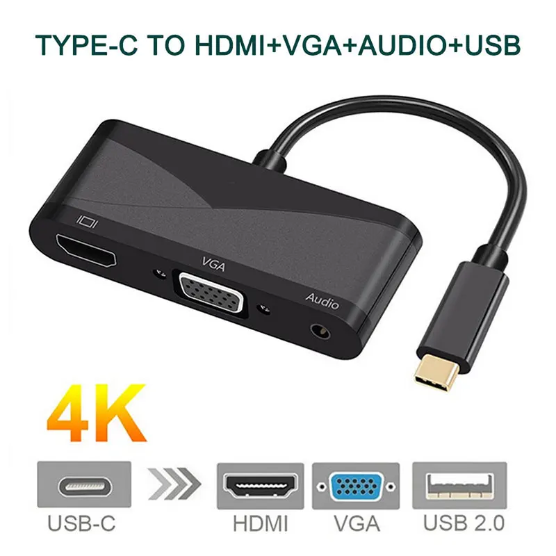  3 in 1 USB-C to 4K HDMI VGA with Audio Adapter Thunderbolt 3 Port Compatible+USB 2.0 Converter For 