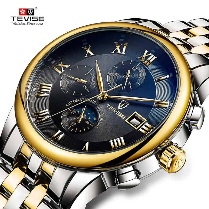 Casual Tevise Montre Homme Men's Day/Month Moonphase Auto Mechanical Watches Wristwatch Gift Box Free Ship