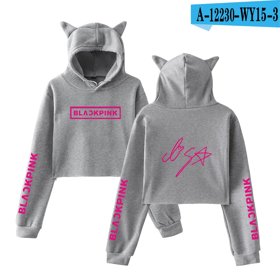 Blackpink harajuku Cat Ear Cap Hoodies fashion trend sala Cat Crop Top Women Hoodies Sweatshirt Sexy hot Kpop Clothes - Цвет: gray