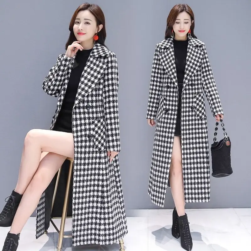 

Women Long Winter Thick Houndstooth Woolen Coat