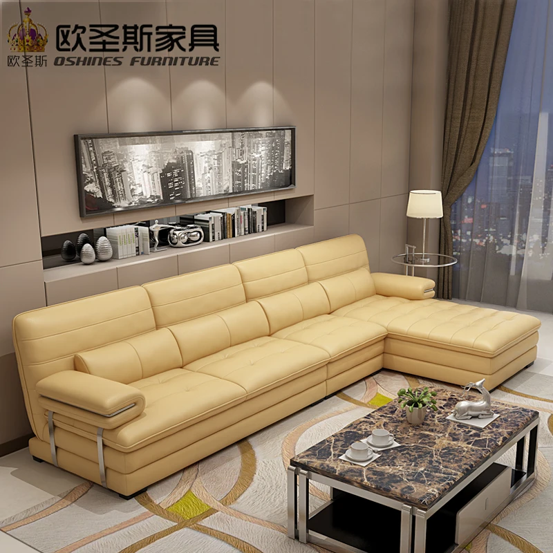 yellow leather sectional sofa set, metal frame leather sofa,italian leather l shape sofa OCS-602