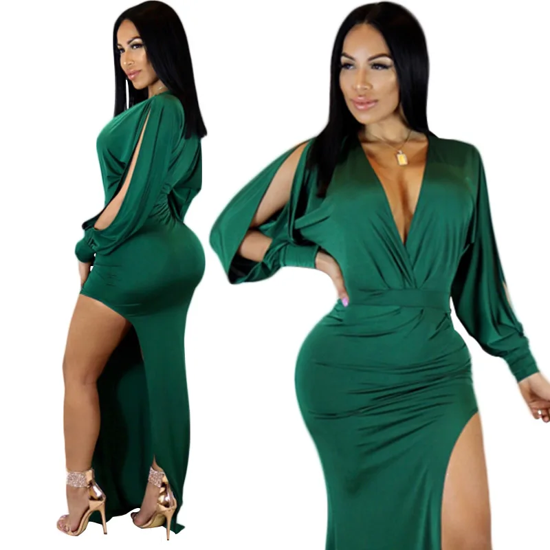 

V Neck Green Color Women High Split Maxi Long Women Dresses