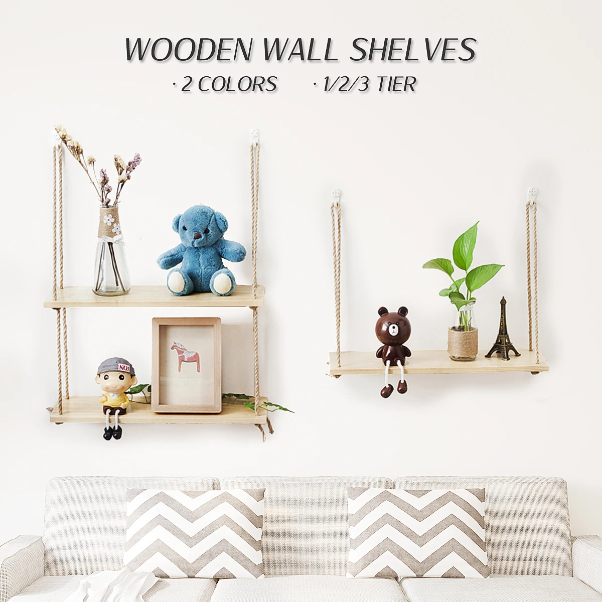 

Wall Hanging Living Room Bookcases 1/2/3 Shelf Home Decoration Wood Wall Rope Floating Storage Shelf Crafts Display Decor