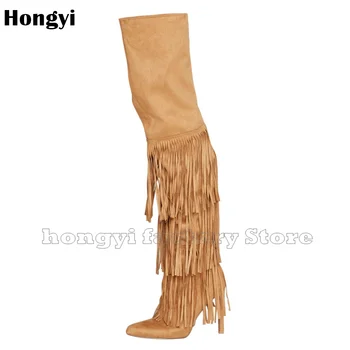 

Fashion Suede Leather European Style Fringe Designer Thin High Heel Boots Women Tassel Pointed Toe Thigh High Gladiator Booty