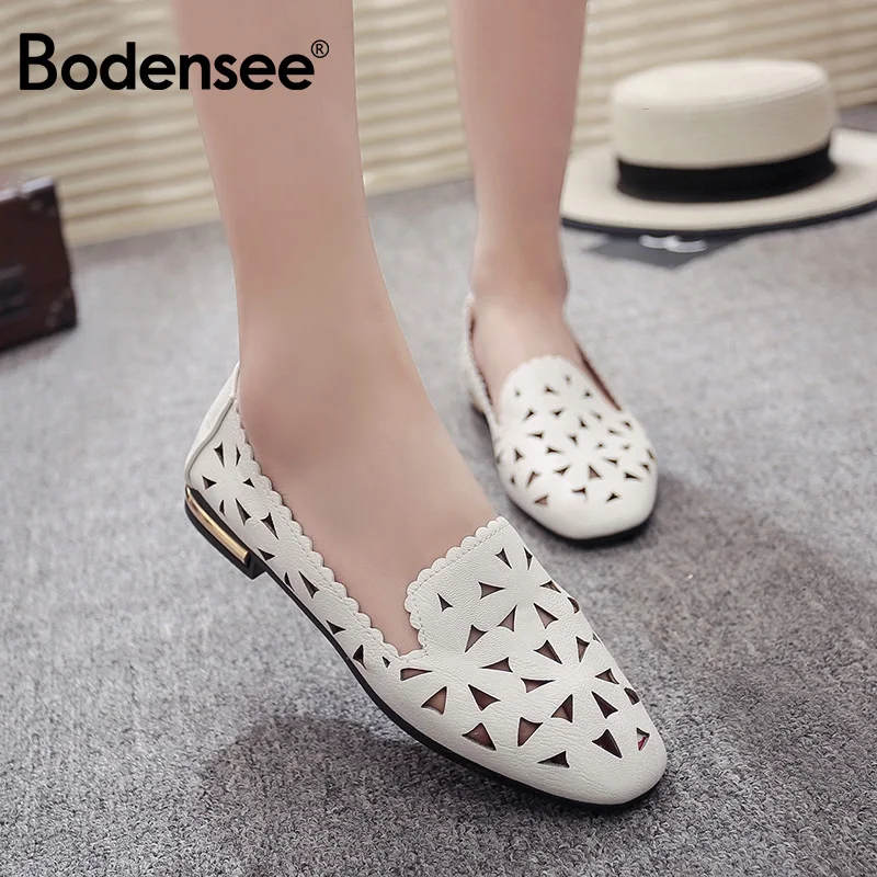 

BODENSEE Women Flats Summer Shoes Hollow Out Round Toe Platform Flat Heel Slip on Casual Shoes Sapato Feminino Women's Footwear