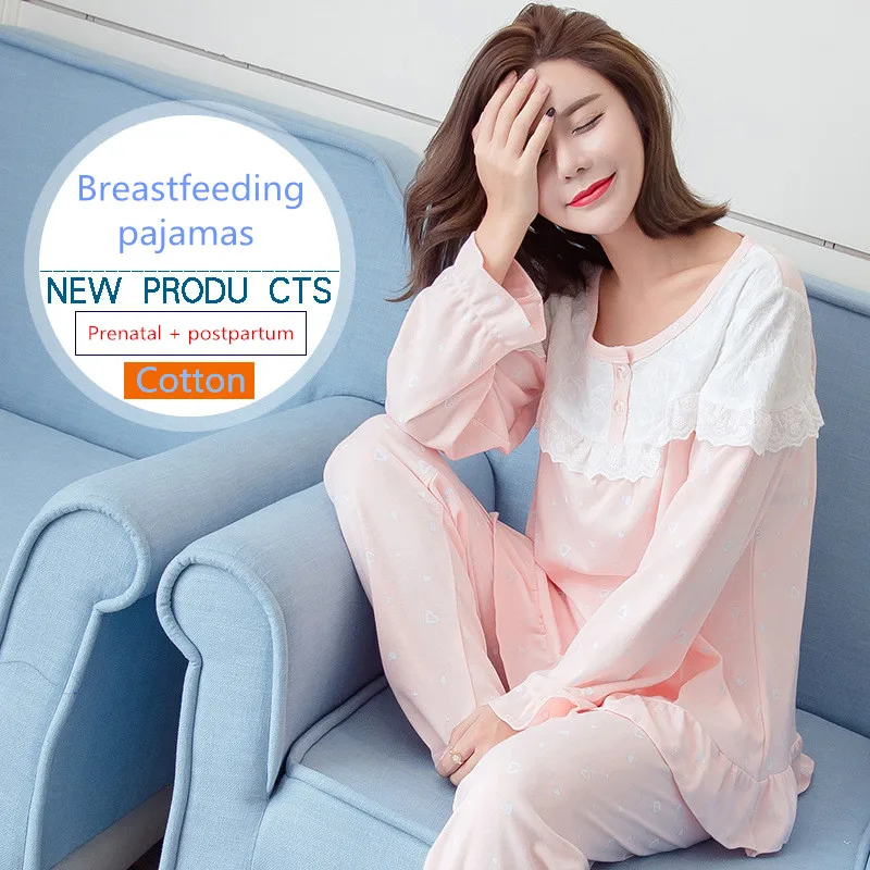 

Cotton Lace Lovely Long Sleeve Postpartum Pajamas Set Sleepwear Nursing Nightgown BreastFeeding Nightwear Breastfeeding Pajamas