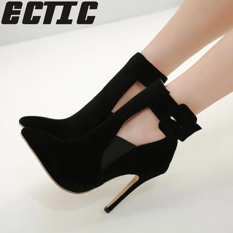 

QWEDF 2019 Spring Autumn Fashion Women Thin stiletto Pumps Flock Buckle Strap Pointed Toe Feminino High Heels Shoes Woman YA-02