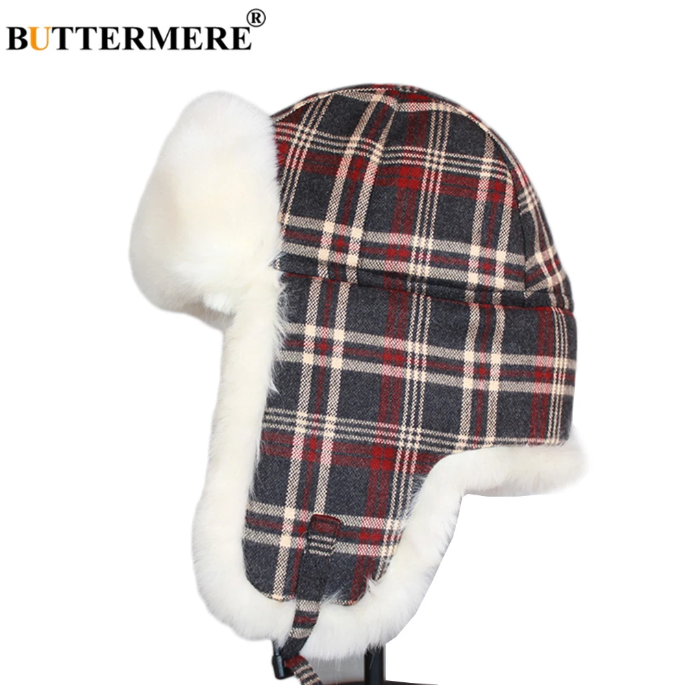 

BUTTERMERE Plaid Pilot Hats Women Warm Cotton Bomber Hat Ear Flaps Winter Men Brown Casual Windproof Russian Checked Fur Caps