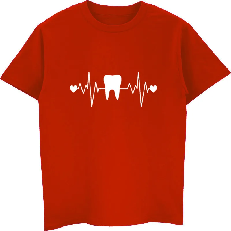 Забавный зуб зубы стоматолог сердцебиение футболку Для мужчин хлопок короткий рукав Футболка Хип-хоп Футболки-топы Harajuku уличная Фитнес - Цвет: red