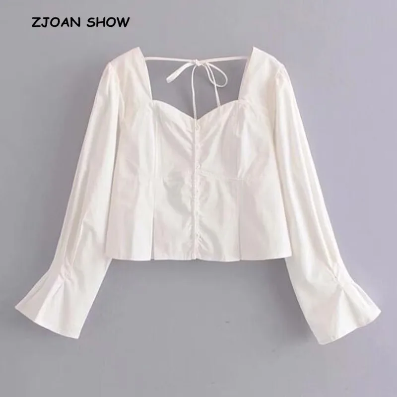 

Retro Solid Color Square neck Shirt Sexy 2018 Women Exposed navel Single-Breasted Buttons Slim Short Blouse Long sleeve Tops