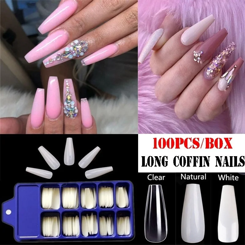 

100Pcs/box Ballerina Nail Art Tips Transparent/Natural False Coffin Nails Art Tips Flat Shape Full Cover Manicure Fake Nail Tips