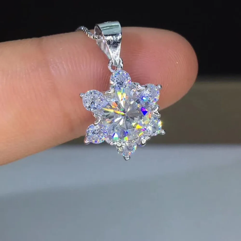 

1.2ct Carat Moissanite Pendant Necklace Snowflake 7mm Moissanite S925 Pure Silver Platinum Plated Pendants VVS1 Free Chain