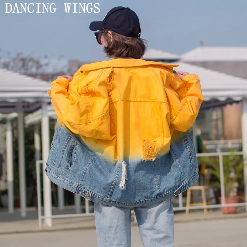 

Spring Autumn Women Denim Jackets BF Style Gradient Color Hole Washed Denim Jacket Coat