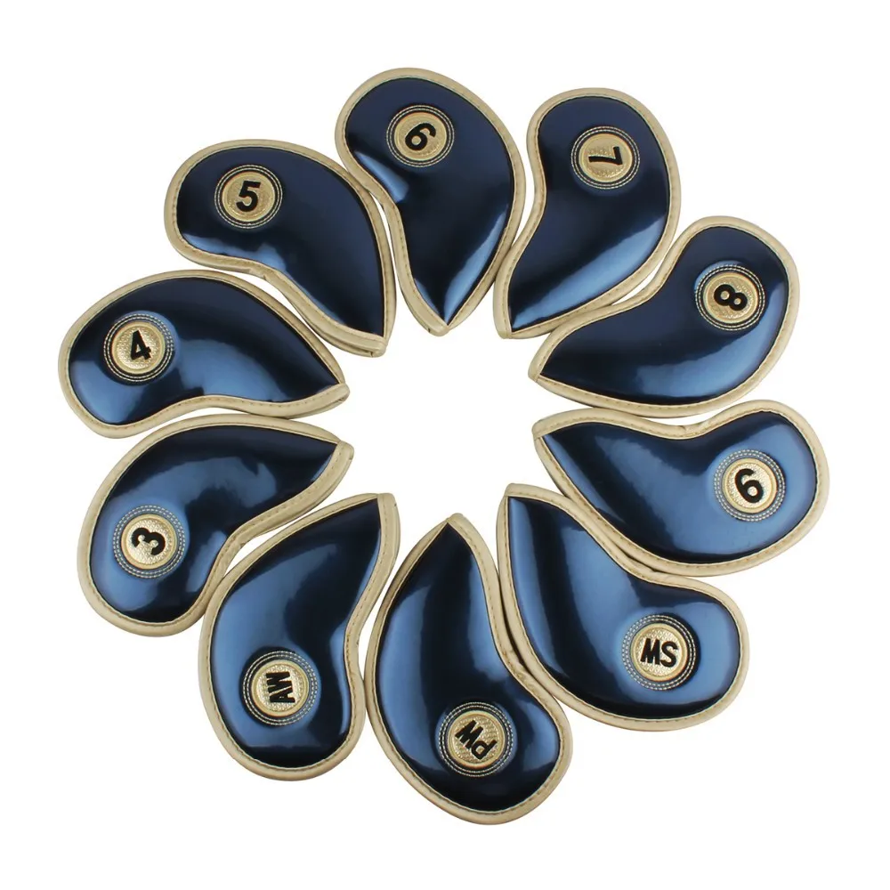 

10PCS/Set Thick PU Leather Blue&Golden Smooth Surface Golf Iron Headcover with Closure