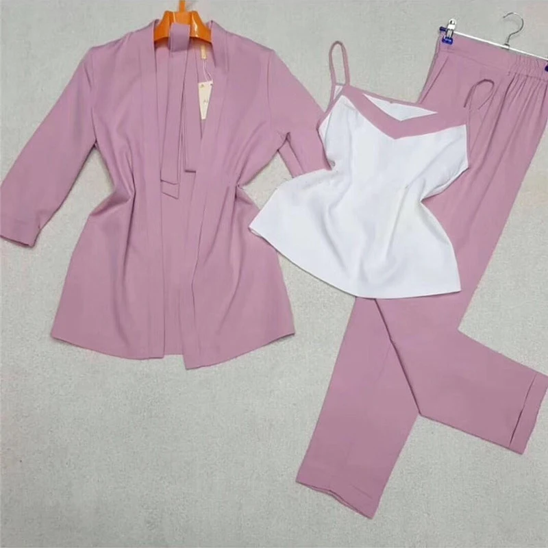 

Summer Casual Women Blazers Suits Casual Belt Blazer+Sleeveless Vest+Long Pants 3 Pieces Sets Elegant Office Lady Workwear Sets