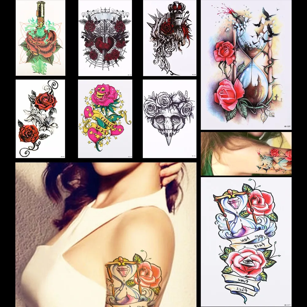 8 Pieces Rose Flower Pattern Design Tattoo Sticker Sand Clock Heart Temporary Leg Body Art Tattoo Sticker Sexy DIY Product HB#40 (4)