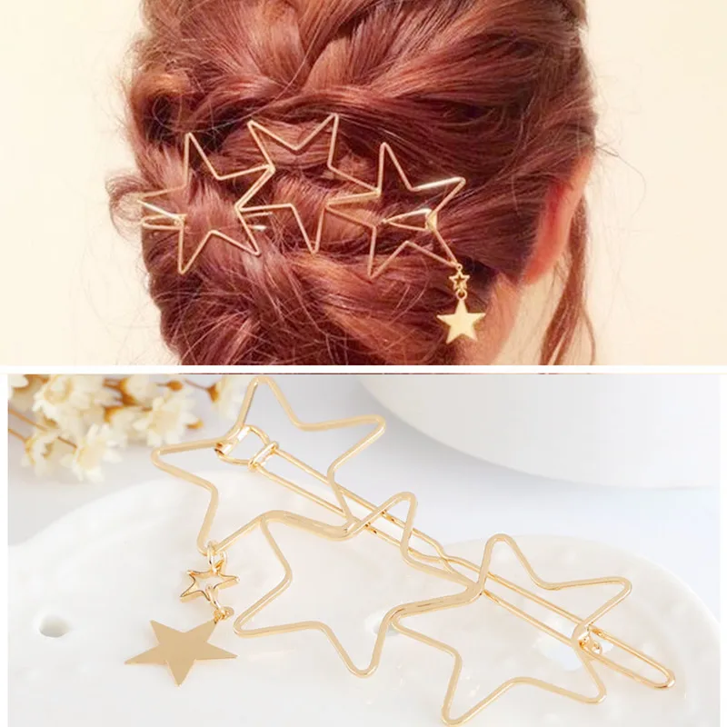

Hot Sale 1 pc Women golden Star Heart Hair Clip Snap Hair Barrette Stick Hairpin For Women Girls Hair Styling Accessories