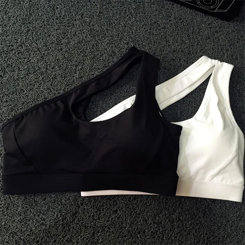 Diliflyer Sexy One Shoulder Solid Sports Bra Women Fitness Yoga Bras GymPadded Sport Top Athletic Underwear Workout Running Bras